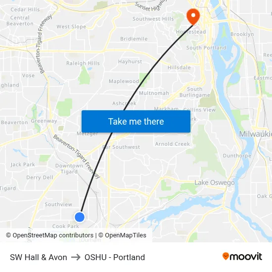 SW Hall & Avon to OSHU - Portland map