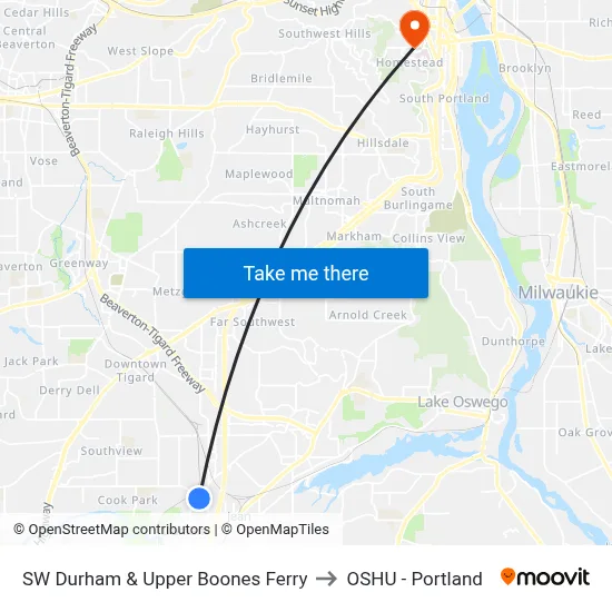 SW Durham & Upper Boones Ferry to OSHU - Portland map