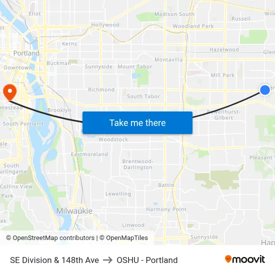 SE Division & 148th Ave to OSHU - Portland map