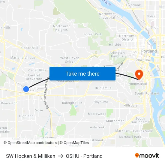 SW Hocken & Millikan to OSHU - Portland map