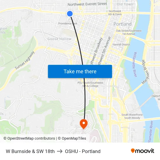 W Burnside & SW 18th to OSHU - Portland map