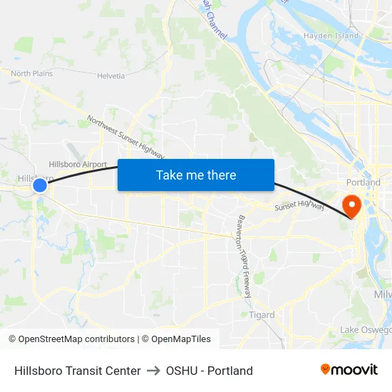 Hillsboro Transit Center to OSHU - Portland map
