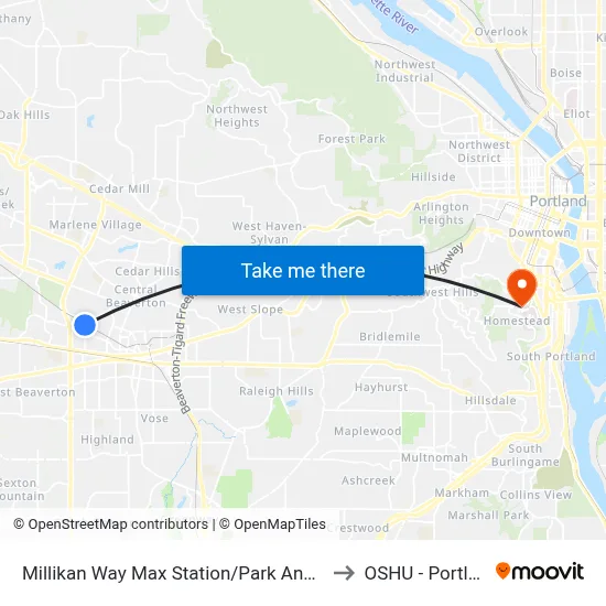 Millikan Way Max Station/Park And Ride to OSHU - Portland map
