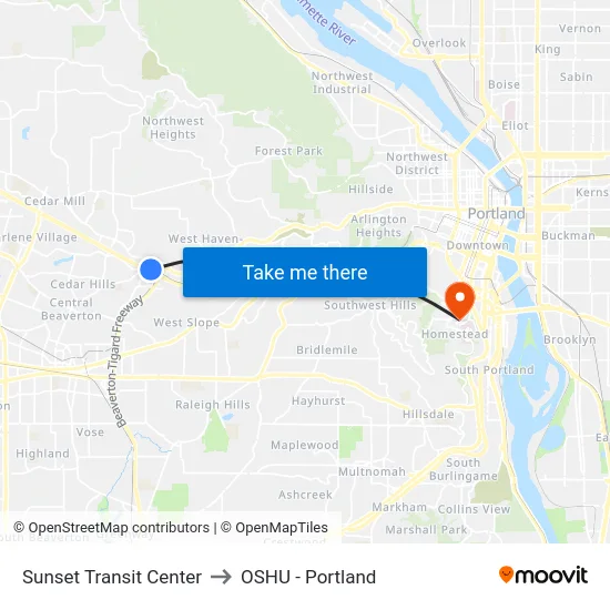 Sunset Transit Center to OSHU - Portland map
