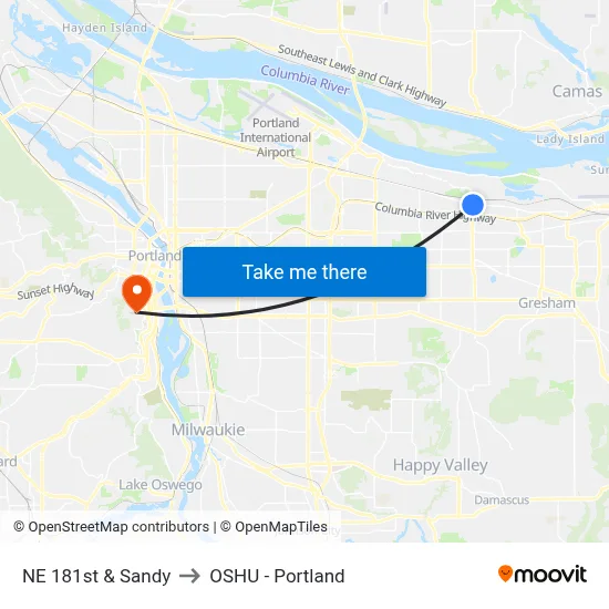 NE 181st & Sandy to OSHU - Portland map