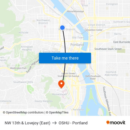 NW 13th & Lovejoy (East) to OSHU - Portland map