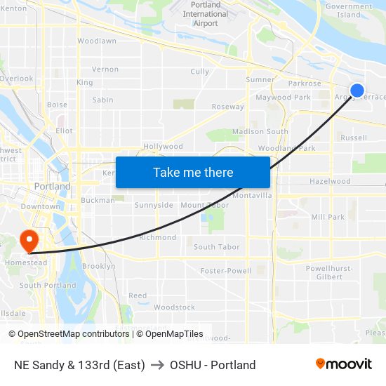 NE Sandy & 133rd (East) to OSHU - Portland map