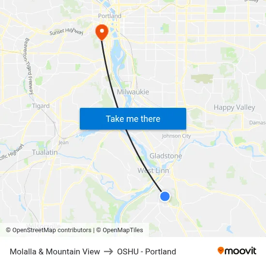 Molalla & Mountain View to OSHU - Portland map