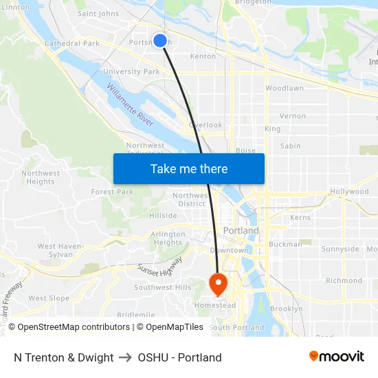 N Trenton & Dwight to OSHU - Portland map