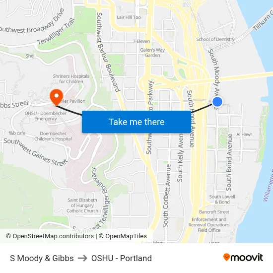 S Moody & Gibbs to OSHU - Portland map