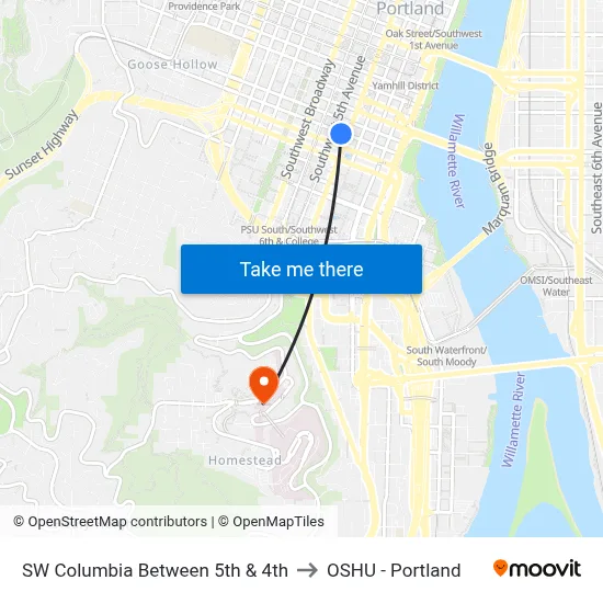 SW Columbia Between 5th & 4th to OSHU - Portland map