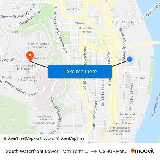 South Waterfront Lower Tram Terminal (West) to OSHU - Portland map