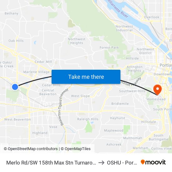 Merlo Rd/SW 158th Max Stn Turnaround (East) to OSHU - Portland map