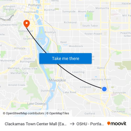 Clackamas Town Center Mall (East) to OSHU - Portland map