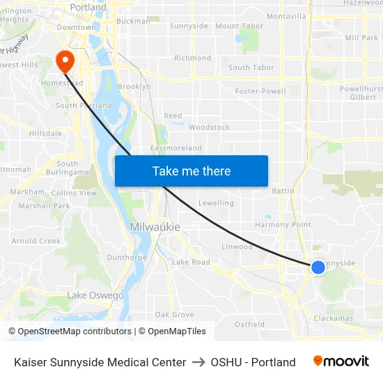 Kaiser Sunnyside Medical Center to OSHU - Portland map
