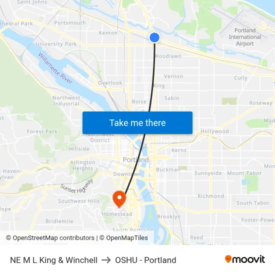 NE M L King & Winchell to OSHU - Portland map