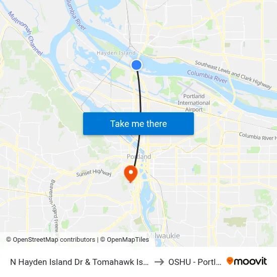 N Hayden Island Dr & Tomahawk Island Dr to OSHU - Portland map