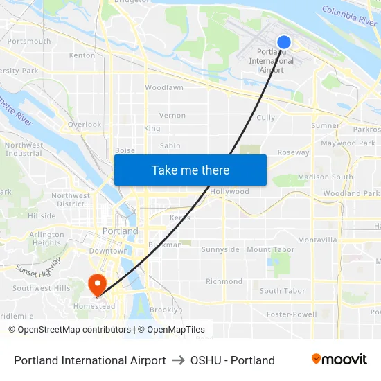 Portland International Airport to OSHU - Portland map