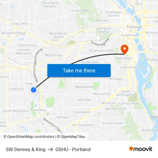 SW Denney & King to OSHU - Portland map