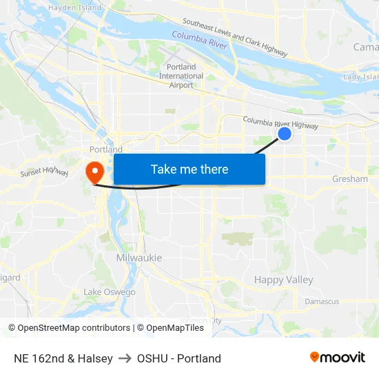 NE 162nd & Halsey to OSHU - Portland map