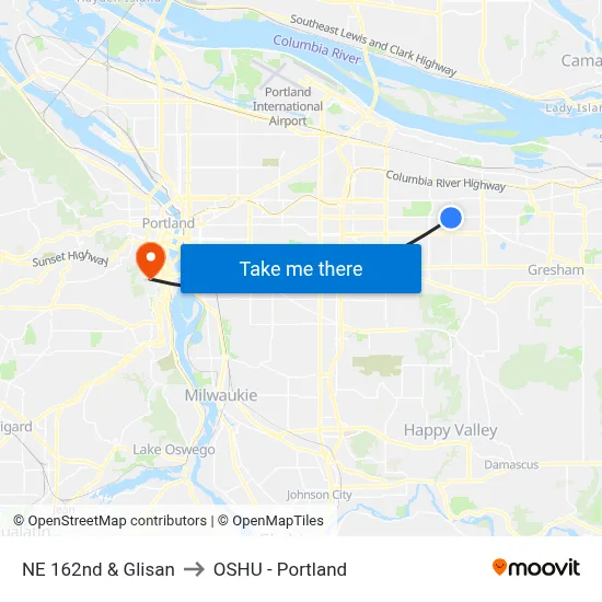 NE 162nd & Glisan to OSHU - Portland map