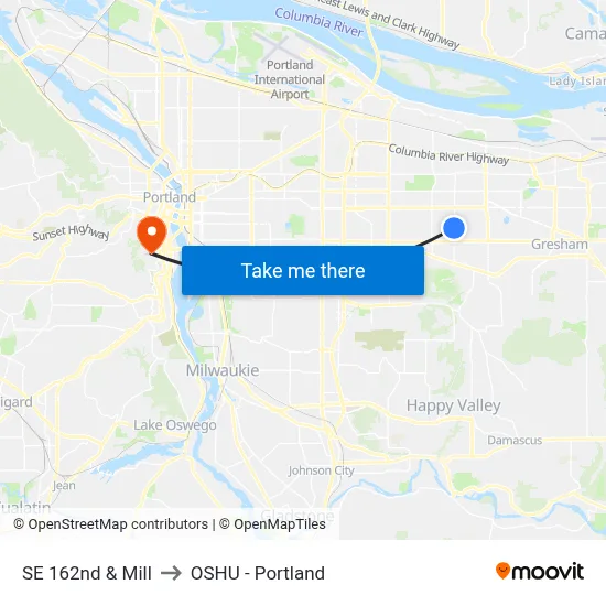 SE 162nd & Mill to OSHU - Portland map