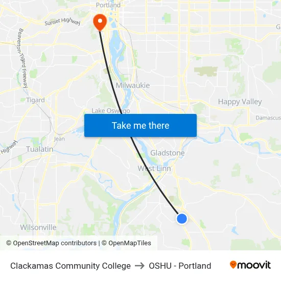 Clackamas Community College to OSHU - Portland map