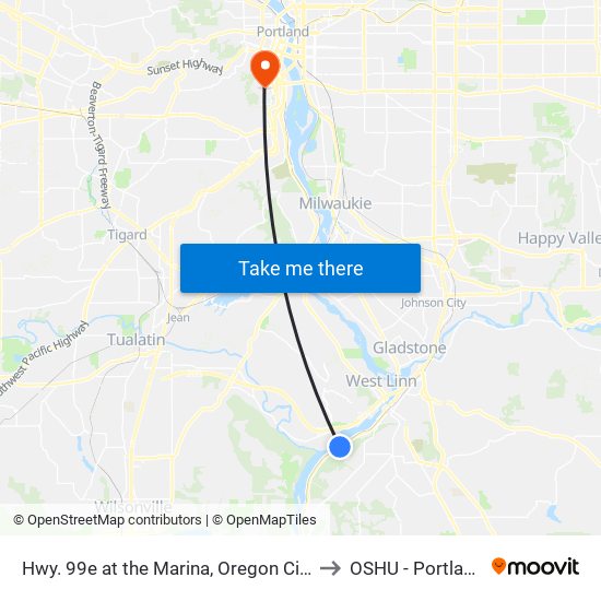 Hwy. 99e at the Marina, Oregon City to OSHU - Portland map