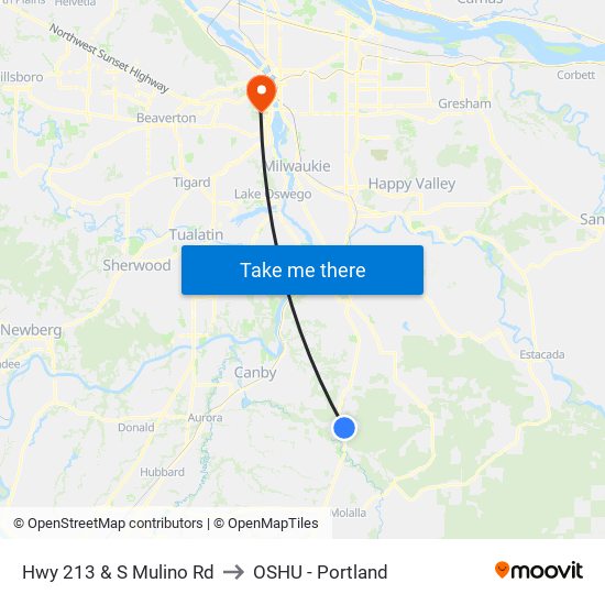 Hwy 213 & S Mulino Rd to OSHU - Portland map