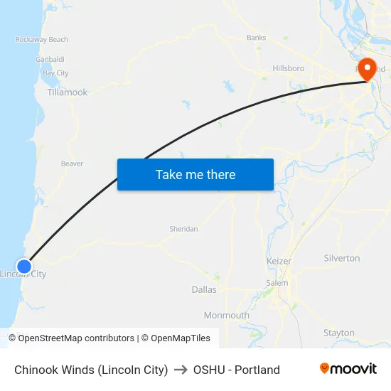 Chinook Winds (Lincoln City) to OSHU - Portland map