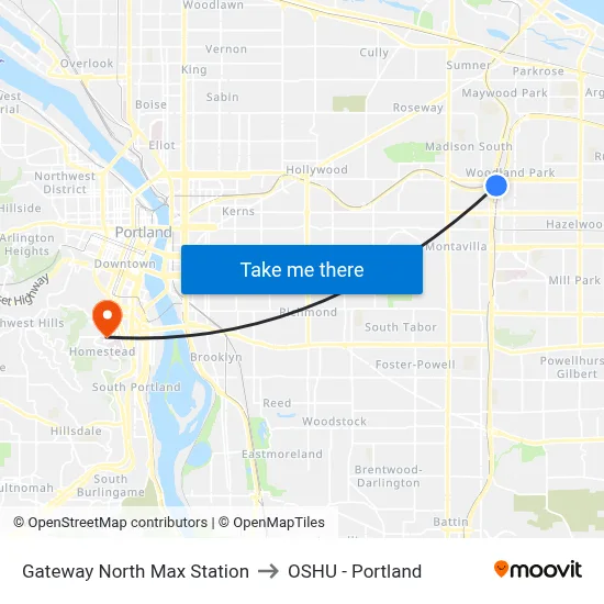 Gateway North Max Station to OSHU - Portland map