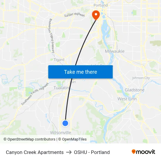 Canyon Creek Apartments to OSHU - Portland map