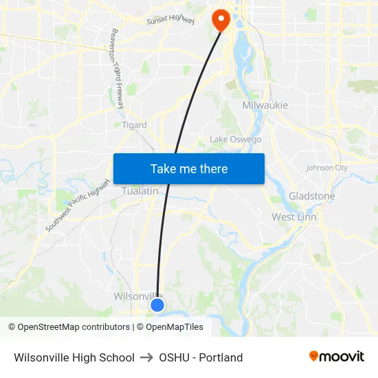 Wilsonville High School to OSHU - Portland map