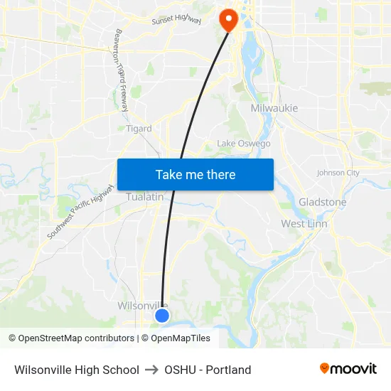 Wilsonville High School to OSHU - Portland map