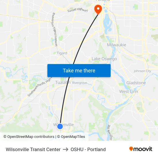 Wilsonville Transit Center to OSHU - Portland map