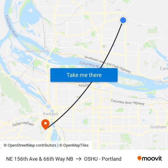 NE 156th Ave & 66th Way NB to OSHU - Portland map