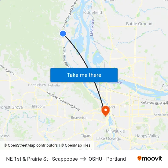 NE 1st & Prairie St - Scappoose to OSHU - Portland map