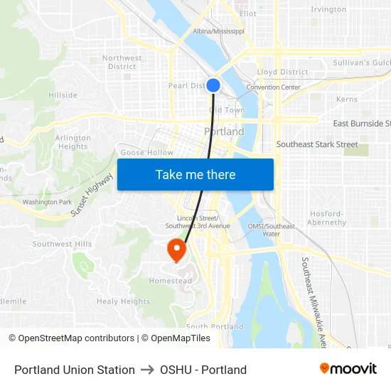 Portland Union Station to OSHU - Portland map