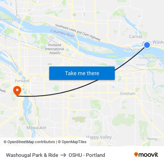 Washougal Park & Ride to OSHU - Portland map