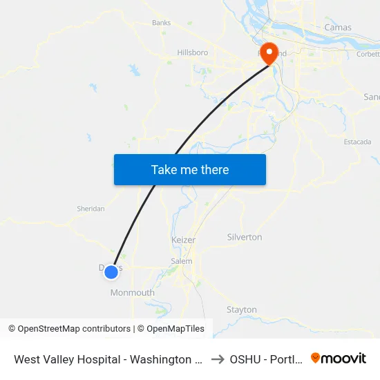 West Valley Hospital - Washington @ Lyle to OSHU - Portland map