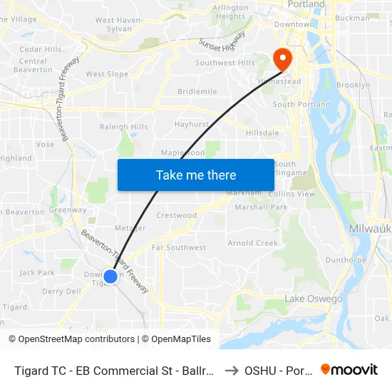 Tigard TC - EB Commercial St - Ballroom Studio to OSHU - Portland map