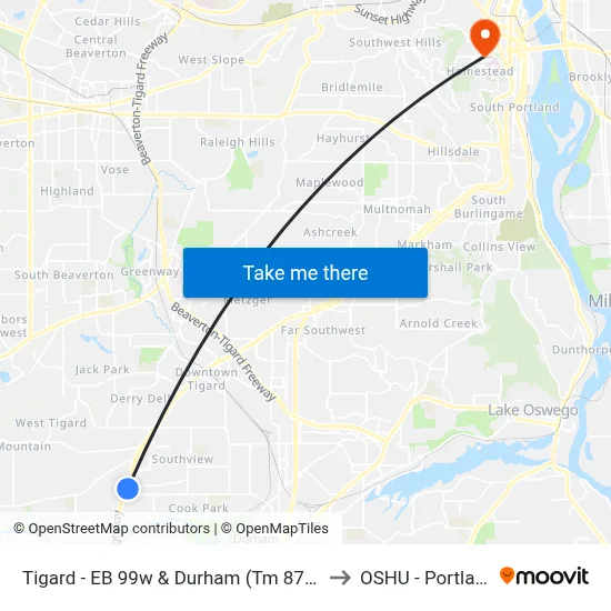 Tigard - EB 99w & Durham (Tm 8792) to OSHU - Portland map