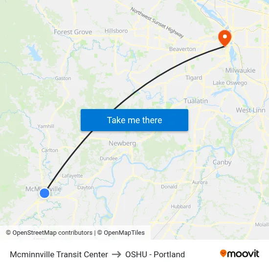Mcminnville Transit Center to OSHU - Portland map