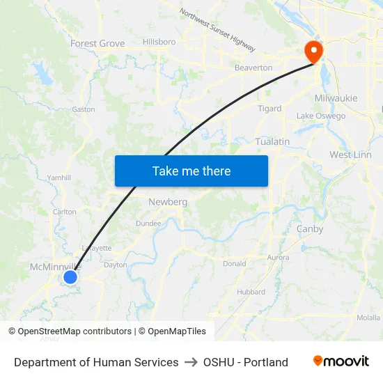 Department of Human Services to OSHU - Portland map