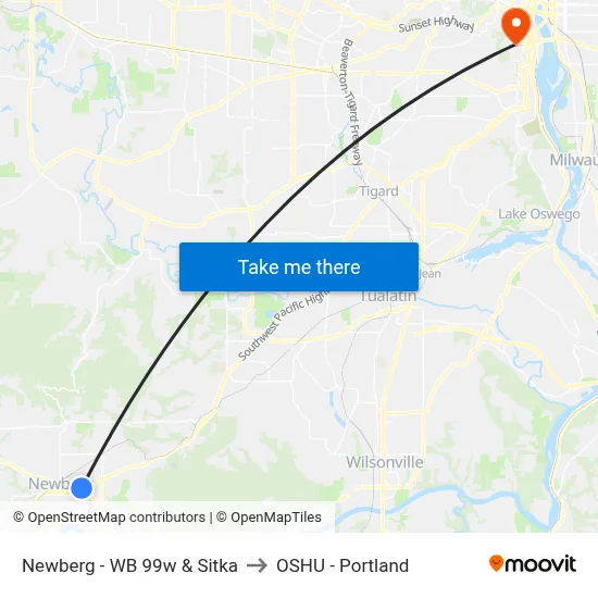 Newberg - WB 99w & Sitka to OSHU - Portland map