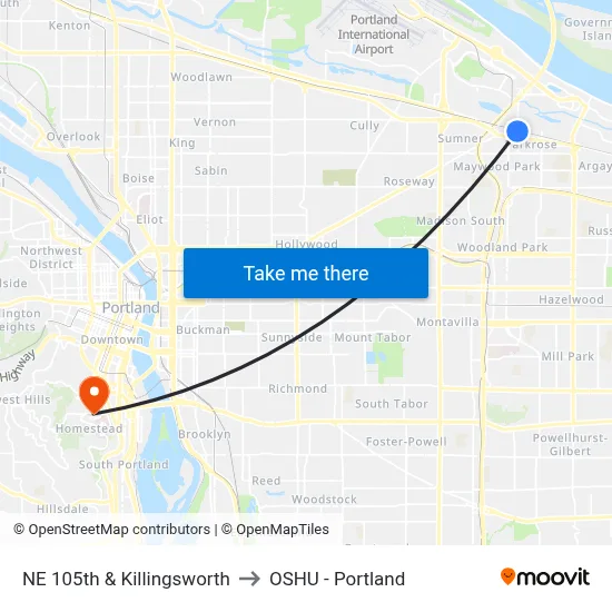 NE 105th & Killingsworth to OSHU - Portland map