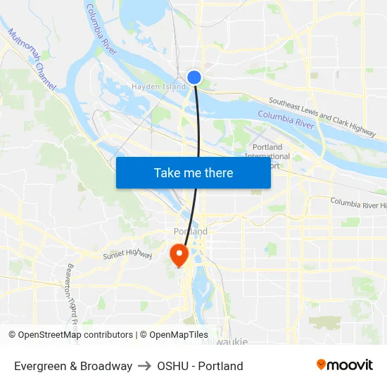 Evergreen & Broadway to OSHU - Portland map