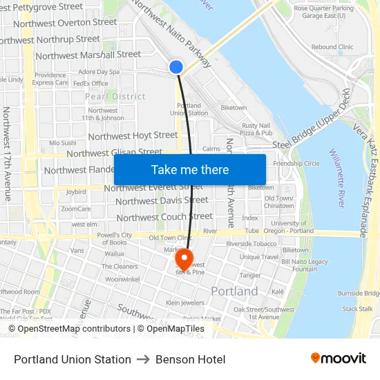 Portland Union Station to Benson Hotel map