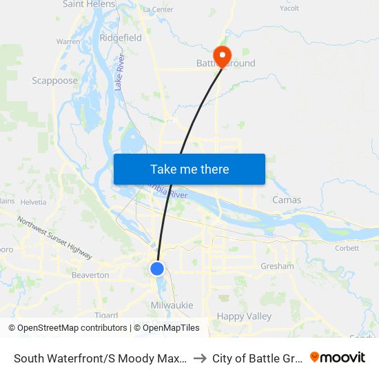 South Waterfront/SW Moody Max Station to City of Battle Ground map