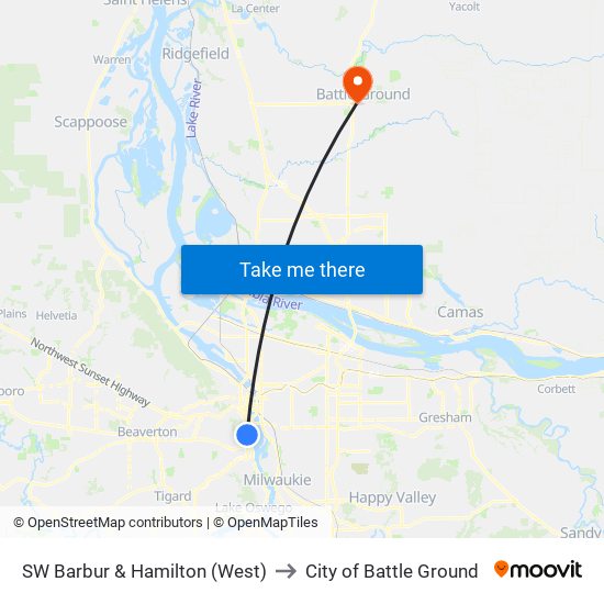 SW Barbur & Hamilton (West) to City of Battle Ground map